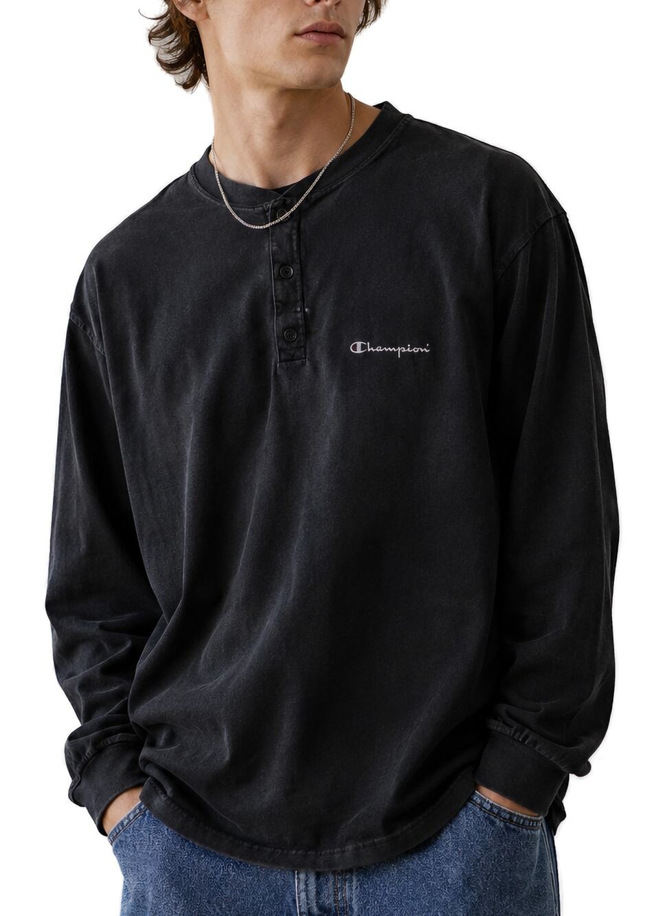 Champion Vintage 90s Henley Shirt XL‎ Black Heavyweight USA Grunge Faded